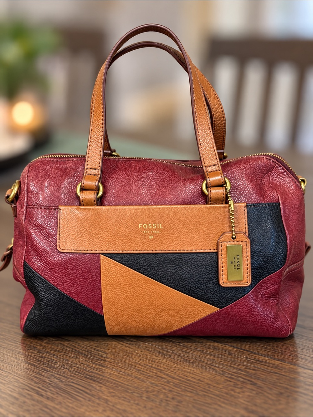 Fossil Colorblock Leather Satchel in Burgundy, Black & Tan